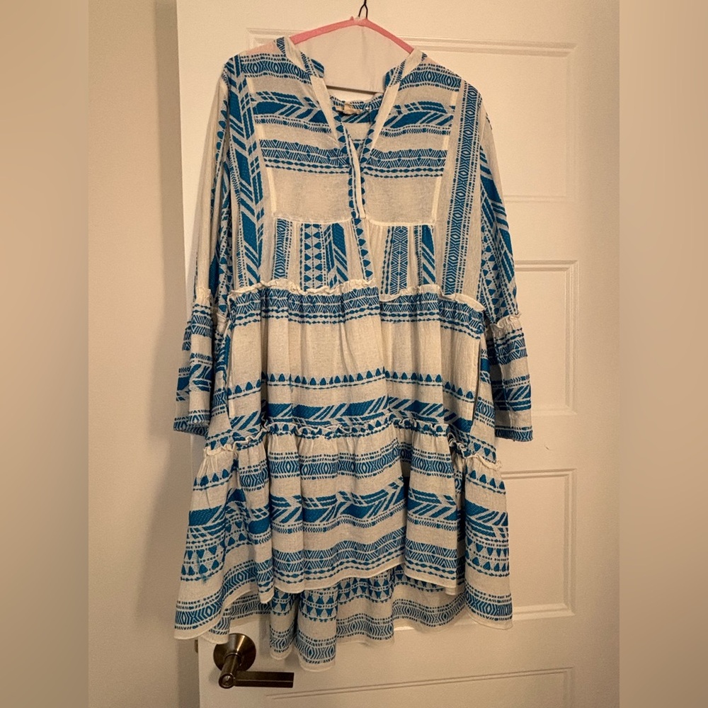 Elan Blue and White Long-Sleeve Tiered Dress Chic - Picture 2 of 3